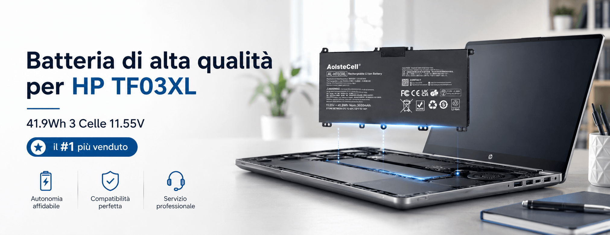 Batteria di alta qualità per HP TF03XL (41.9Wh 3 Celle)